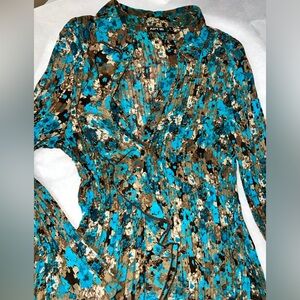 Fall Ruffled Pleated Stretchy Long Sleeve Blouse, Turquoise & Brown, Size M